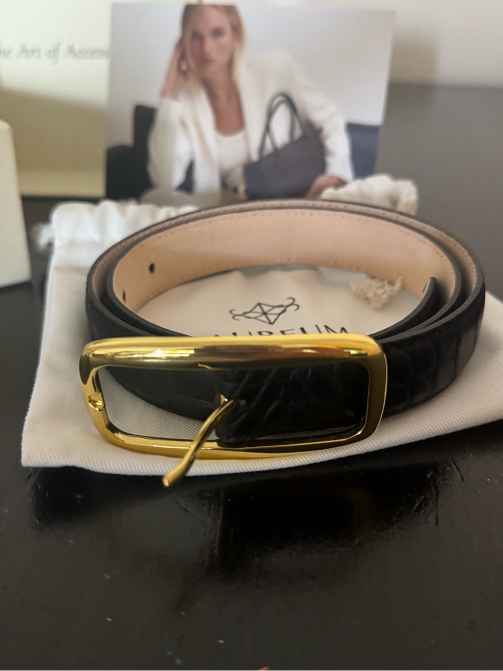 NEW Aureum Italian Leather Belt XXS – Black/Gold – Box & Dust Bag